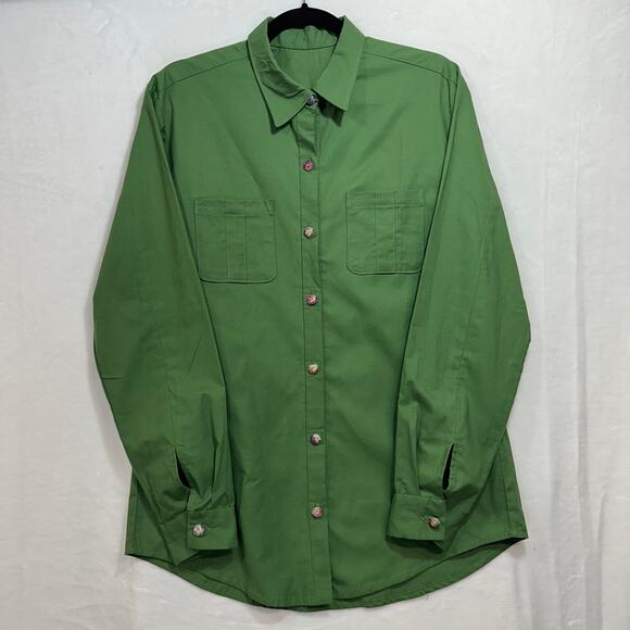Vintage Blouse Buttoned Top Women's Size Large Green‎ Funky Floral Round Buttons - Picture 1 of 9
